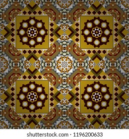 Mandalas on the background. Geometric repeating wallpaper. Vector abstract holographic seamless pattern in brown, yellow and white colors. Vibrant style pattern.