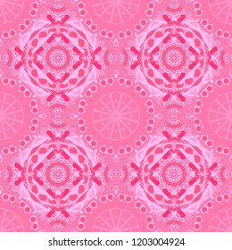 Mandalas on the background. Geometric repeating wallpaper. Vibrant style pattern. Vector abstract holographic seamless pattern in purple, violet and pink colors.
