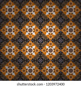 Mandalas on the background. Geometric repeating wallpaper. Vector abstract holographic seamless pattern in orange, brown and black colors. Vibrant style pattern.