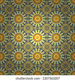 Mandalas on the background. Geometric repeating wallpaper. Vibrant style pattern. Vector abstract holographic seamless pattern in blue, orange and yellow colors.