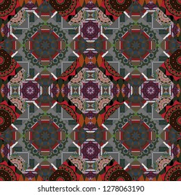 Mandalas on the background. Geometric repeating wallpaper. Vibrant style pattern. Vector abstract holographic seamless pattern in gray, brown and green colors.