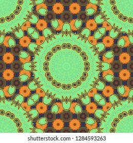 Mandalas on the background. Geometric repeating wallpaper. Vector abstract holographic seamless pattern in orange, brown and green colors. Vibrant style pattern.