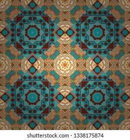 Mandalas on the background. Geometric repeating wallpaper. Vibrant style pattern. Vector abstract holographic seamless pattern in blue, brown and yellow colors.