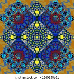 Mandalas on the background. Geometric repeating wallpaper. Vector abstract holographic seamless pattern in black, yellow and blue colors. Vibrant style pattern.