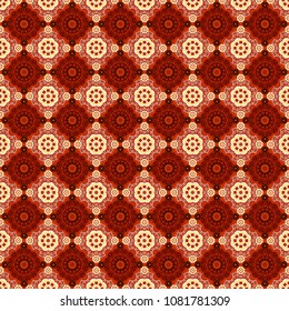 Mandalas on the background. Vector abstract holographic seamless pattern in red, orange and white colors. Vibrant style pattern. Geometric repeating wallpaper.
