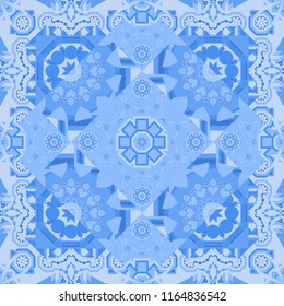 Mandalas on the background. Vector abstract holographic seamless pattern in neutral, white and blue colors. Geometric repeating wallpaper. Vibrant style pattern.