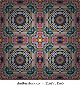 Mandalas on the background. Vector abstract holographic seamless pattern in brown, blue and gray colors. Geometric repeating wallpaper. Vibrant style pattern.