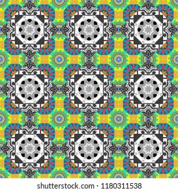 Mandalas on the background. Vector abstract holographic seamless pattern in gray, blue and green colors. Geometric repeating wallpaper. Vibrant style pattern.