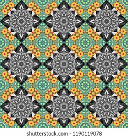 Mandalas on the background. Vector abstract holographic seamless pattern in blue, gray and yellow colors. Vibrant style pattern. Geometric repeating wallpaper.