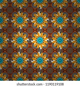Mandalas on the background. Vector abstract holographic seamless pattern in orange, blue and gray colors. Geometric repeating wallpaper. Vibrant style pattern.