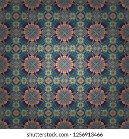 Mandalas on the background. Vector abstract holographic seamless pattern in pink, green and blue colors. Vibrant style pattern. Geometric repeating wallpaper.