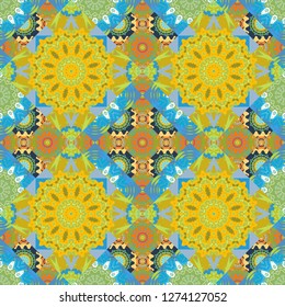 Mandalas on the background. Vector abstract holographic seamless pattern in green, yellow and blue colors. Vibrant style pattern. Geometric repeating wallpaper.