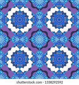 Mandalas on the background. Vector abstract holographic seamless pattern in blue, violet and gray colors. Geometric repeating wallpaper. Vibrant style pattern.