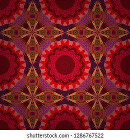 Mandalas on the background. Vibrant style pattern. Vector abstract holographic seamless pattern in magenta, red and pink colors. Geometric repeating wallpaper.