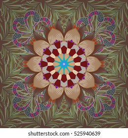 Mandalas on grass colorful background. Vector. Brown, green.