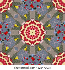 Mandalas on grey and blue background. Green, yellow, red, white. Vector.
