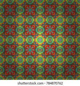 Mandalas ornament in blue, orange and green colors. Decorative stylized elements. Colorful mandala seamless pattern. Ethnic style. Vector design for fabrics, cards, web, decoupage.