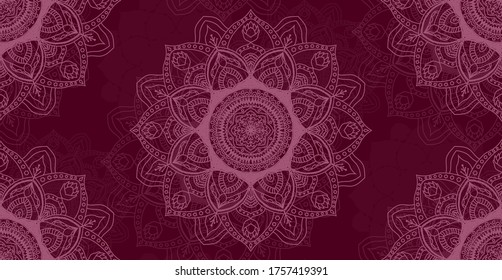 Mandalas ornaments burgundy arabesque - seamless pattern