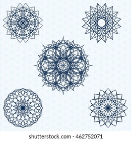 Mandalas. Sacred geometry linear contour icons. Set of icons can be quickly repainted in any color. Vector. Background - seamless pattern