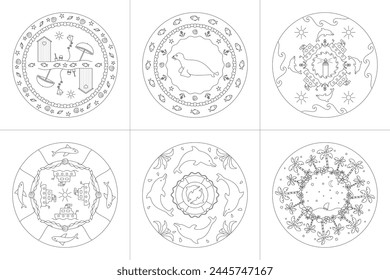 Mandalas. Sea Theme. Coloring pages. Vector illustration. Set No. 2.