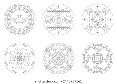 Mandalas. Sea Theme. Coloring pages. Vector illustration. Set No. 4.  svg