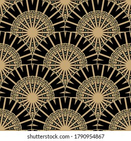 Patrón ininterrumpido de Mandalas. Fondo decorativo del vector ornamental. El estilo étnico tribal repite fondo. Ornamento griego enlosado con mandalas redondeadas, círculos, líneas de zigzag, serpenteantes. Diseño abstracto moderno.