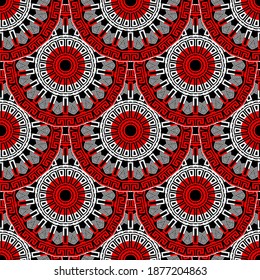 Patrón ininterrumpido de Mandalas. Fondo decorativo del vector ornamental. El estilo étnico tribal repite fondo. Ornamentos griegos enlosados con mandalas redondeadas, círculos, líneas de zigzag, formas. Resumen de diseño decorativo.