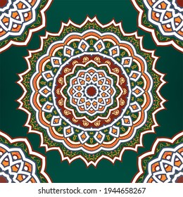 Mandalas seamless pattern. Ethnic floral background. Repeat colorful vector backdrop. Round ornaments with flowers, circles, shapes. Rosettes. Arabesque style design. For fabric, wallpapers, prints.