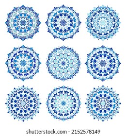 Mandalas set in blue color. An intricate mandala vector pattern. Abstract flower design. Nine art prints of the same round ornament.