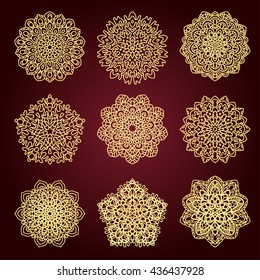 Mandalas. Set of ethnic decorative elements. Islam, Arabic, Indian, ottoman motifs. Boho style. Line art for adult coloring book page design.