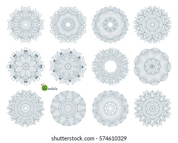 Mandalas set. Graphic line elements collection for design. Vector illustration isolated from background.