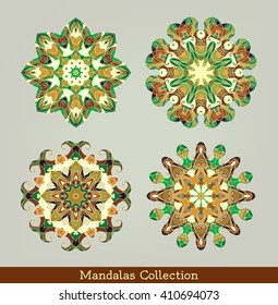 Mandalas set. Round floral pattern. Vintage ornament. Arabic, Islam, Indian, Chinese,Turkish motifs. Colorful decorative elements. Flower pattern isolated on grey background. Vector illustration