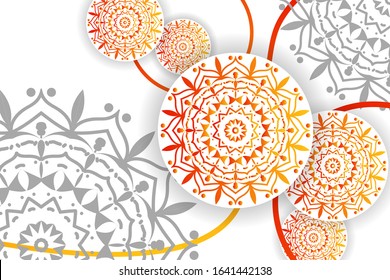 Mandalas with a white, orange, yellow and gray background.