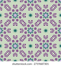 Un patrón abstracto estilo mandala en púrpura y verde pastel, ideal para impresiones textiles, decoración del hogar, embalaje, Fondo de pantalla y diseño de superficies.