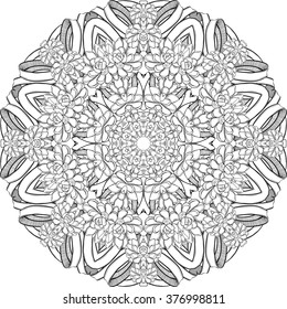 Mandala,Succulents. circular pattern,  Vector. Design for coloring book page for adults and kids, Black and white drawing isolated on white, leaves. flowers