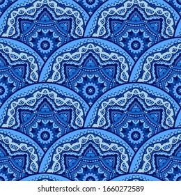 Mandalla seamless pattern tiles vector abstarct background. Abstract blue geometric print