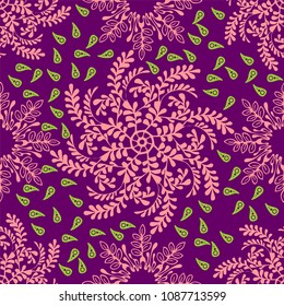Mandara boho design for Paisley organic natural vector graphic pattern seamless with pink and purple tone background