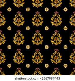 Mandara cloth patten in Gold color on a black backgroun floral damask ikat seamless for textile,print,