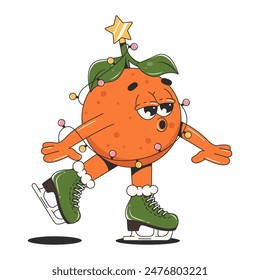 Mandarin cartoon character skating. Isolated vector Illustration in retro groovy style. Merry Christmas and Happy New Year celebration.