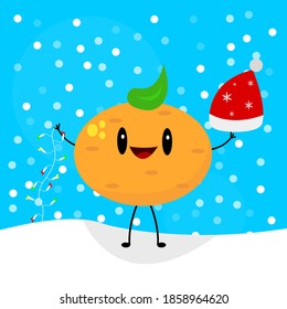 mandarin cartoon character tropical fruit holding in one hand a red festive hat with a pattern of snowflakes and in the other multicolored garlands object on the background of falling snow and blue sk