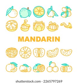 mandarin citrus fruit icons set vector. orange food, tropical tangerine, fresh leaf, vegetarian healthy, vitamin ripe nature mandarin citrus fruit color line illustrations