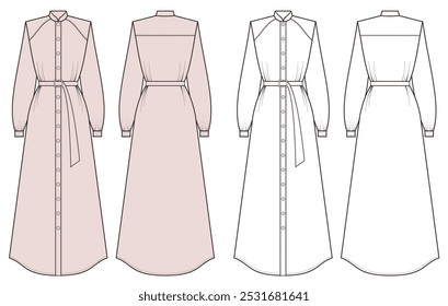 Mandarin collar dress, shanghai collar dress, flat sketch vector, template, technical drawing