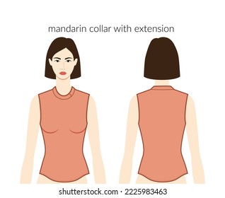 Mandarin collar with extension neckline clothes character in ochre top, shirt, dress technical fashion illustration with fitted body. Flat apparel template front, back sides. Women, men unisex mockup