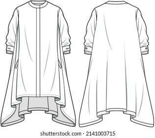 Mandarin Collar Handkerchief Hem Flared Shirt Dress, mandarin collar flared kurta Front and Back View. fashion illustration vector, CAD, technical drawing, flat drawing.