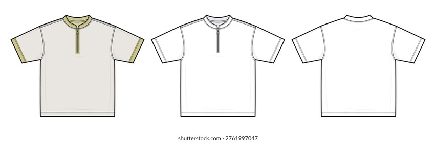 Mandarin Collar T-Shirt with Quarter Zip Front Contrast Trim Short Sleeve Modern Casual Tee Vector Template