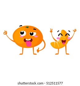 Mandarin. Cute fruit vector character couple isolated on white background. Funny emoticons faces. Vector illustration. Vector clip art.