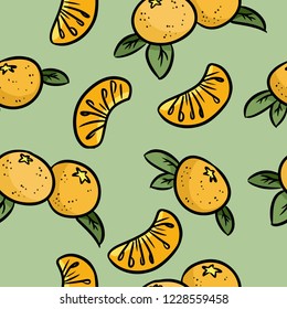 Mandarin doodles seamless pattern. Orange tangerines