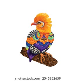 Mandarin Duck Illustration. Beautiful mandarin duck with vibrant multicolored plumage sitting on a wooden branch. Great for nature and bird-themed projects.