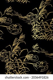 mandarin duck vector japanese chinese nature ink illustration engraved sketch traditional textured seamless pattern black