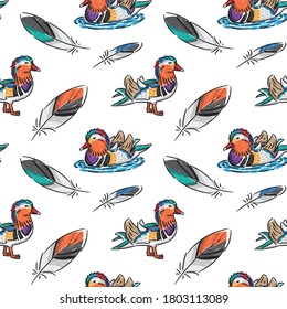 Mandarin ducks and colorful feathers vector seamless pattern on white background. Creative doodle style pattern for print, fabric, texture, wallpaper, wrapping, textile, etc. 
